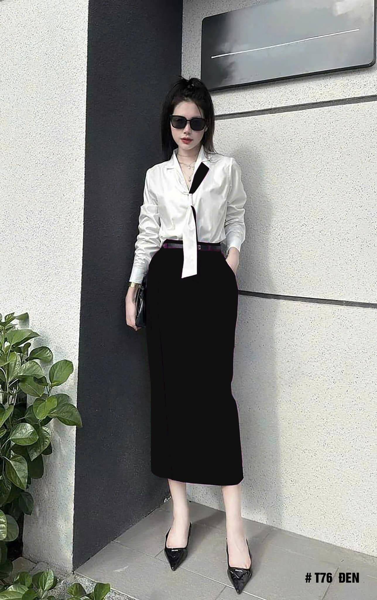 Set áo sơ mi cổ nơ kết hợp chân váy dài nhiều mầu #T76 Thời trang HOA NẤM FASHION