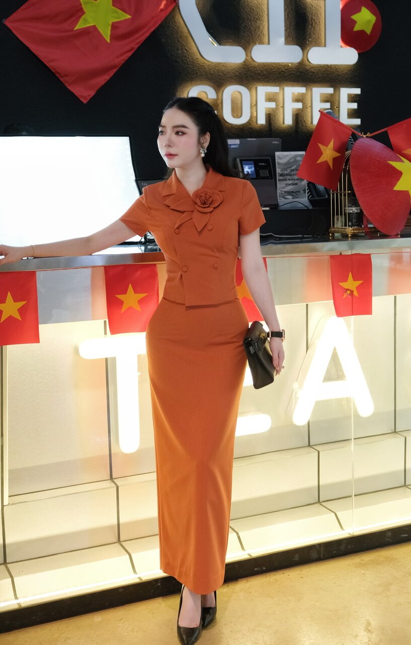 sét áo kí giả kết hợp chân váy công sở mầu cam #T95CV thời trang Hoa Nấm fashion